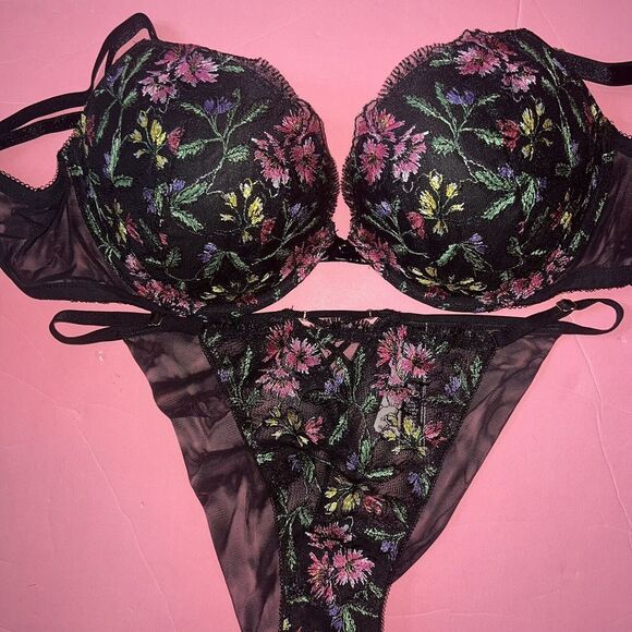 Victoria's Secret 34D,36D,36DD,36DDD BRA SET+L TEDDY BLACK Floral embroidered - Picture 8 of 11